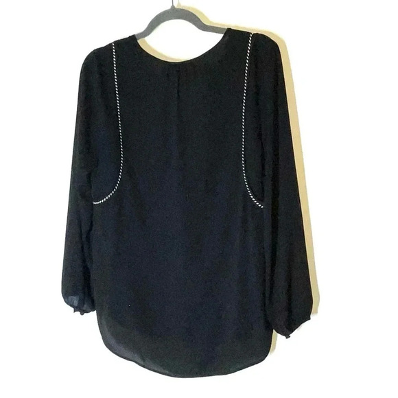 J. Crew Tassel Trim Black Split V-neck Blouse Size 4 - Picture 7 of 10